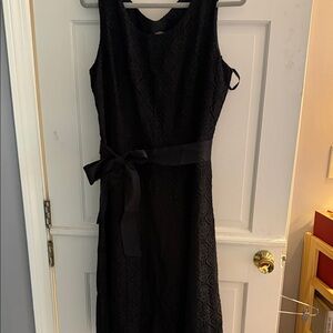 Talbots Black Lace Midi Dress with Satin Waist Tie